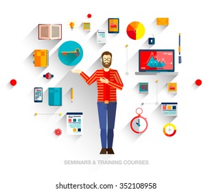 Set of flat concepts icons for training and courses in business, finance, consulting, management, human resources, career, staff training. With man with beard in sweater with kay of knowledge.
