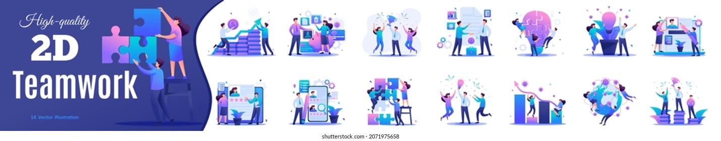 Set Flat Concepts of Teamwork in Business. Young teams start businesses, attract investments, celebrate victory. For Vector Illustrations.