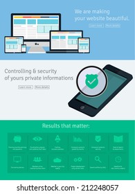 Set of flat concepts for website design, security profile and data icons. Design elements for web and mobile apps and user interface, flat ui/ux kit.