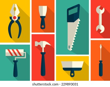 Set Of Flat Construction Tools