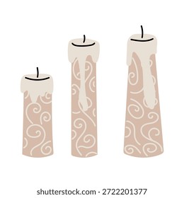 Conjunto de velas planas de contorno con cera derretida y patrones de remolino escarchado. Colección festiva de vacaciones para una acogedora celebración invernal, tarjetas de felicitación o materiales de diseño de interiores de temporada