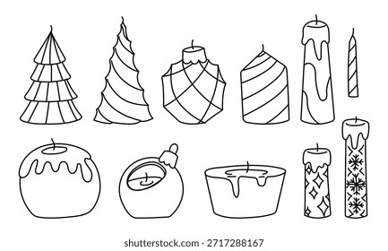 Set of flat contour Christmas candles of various shapes. Decorative holiday collection with snowflakes and tree designs for cozy winter greeting cards, home decor, or seasonal graphic design