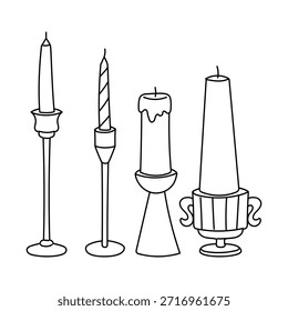 Set of flat contour Christmas candlesticks with tall candles. Decorative holiday collection for cozy winter greeting cards, festive home decor, or seasonal celebration graphic design materials