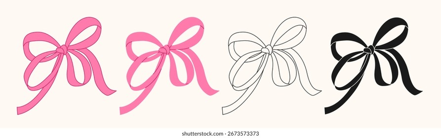 Set of flat contour ribbon bows doodle hand drawn icon, element. Outline drawing Christmas bow for gift wrapping, frame, present. clipart collection on white background. Isolated Vector EPS10