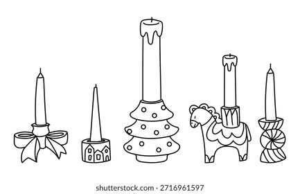 Conjunto de candelabros de Navidades contorneadas planas con velas. Arco, caballo, árbol de Navidad, caramelos. Colección de vacaciones decorativa para acogedoras tarjetas de felicitación de invierno, interior festivo o gráfico para temporada