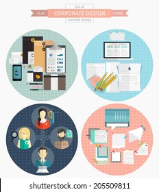 Set of flat corporate design illustrations and icons for mobile and web apps. Simple elements for company websites.