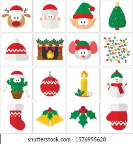 Set of flat Crhistmas icons. Santa, reindeer, elf, snowman, rat, tree, fireplace, hat, sock, bell, mistletoe, garland