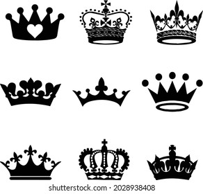 Set von flachen Kronen-Symbolen. Königin Königskronen Luxus königliche Krönung Prinzessin Tiara heraldischer Gewinner Preis Juwel Königsmonarch schwarze flache Silhouette