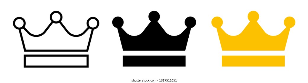 Set of flat crown king vector icon. Black, outline and gold royal crowns on white background. Vector illustration.