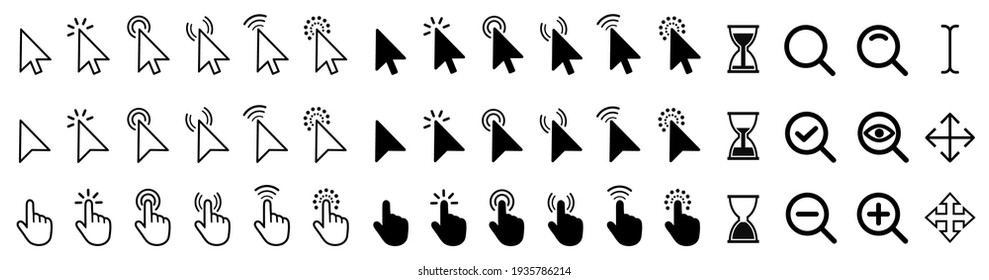 Set of flat cursor icons in hand and arrow form. Mouse click cursor set. Arrow and hand pointer – vector