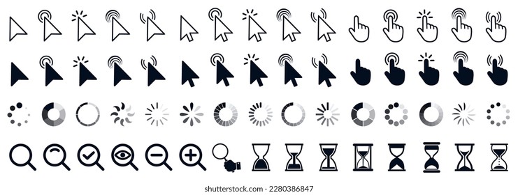 Set of flat cursor icons in hand and arrow form. Mouse click cursor set. Arrow and hand pointer, loading, progress – for stock