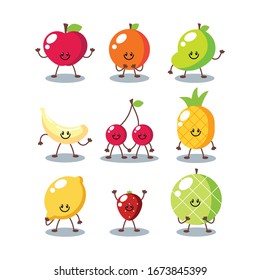 Set bestehend aus flach süße und adorable Obstsortensammlung Vintage Food Poster Design mit Vektorillustration Zitronen, Mango, Avocado, Ananas, Kirschen, Orange, Apfel, Banane, Apfel, Apfel, Erdbeere, Melonencharakter