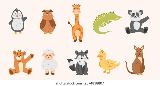 Set of Flat Cute Animal Collection Vector Illustration. Cartoon Style Hand-Drawn Animals for Kids and Fun Designs. Fun and Playful Animal Set Vector Illustrations