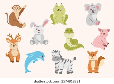 Set of Flat Cute Animal Collection Vector Illustration. Cartoon Style Hand-Drawn Animals for Kids and Fun Designs. Fun and Playful Animal Set Vector Illustrations