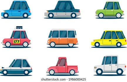 set of flat cute car in cartoon style from different era