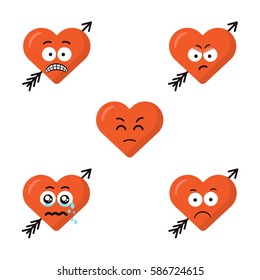 Set of flat cute cartoon emoji heart faces with arrow isolated on the white background. Sad emoticons faces. Modern smiles design.