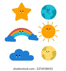 Set flat cute cartoon weather hand drawn design. elements of moon, sun, clouds, earth and stars