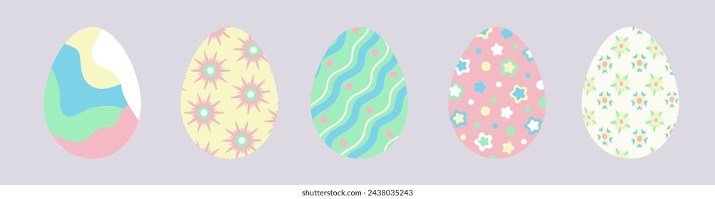 Set of flat cute colorful painted Easter eggs isolated on grey background. Multicolored cartoon eggs with various pattern as decoration element for Easter cards, banners, wallpaper