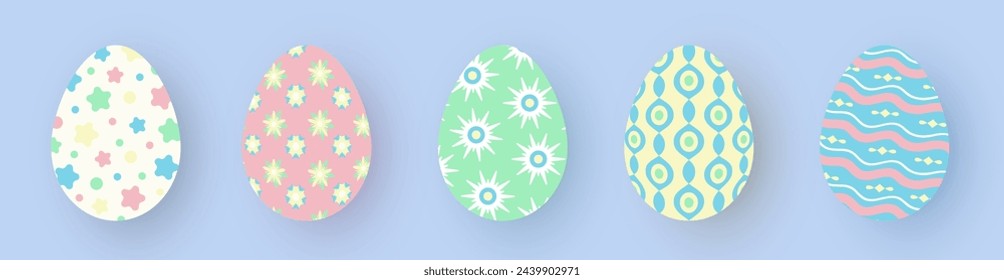 Set of flat cute colorful painted Easter eggs isolated on blue background. Multicolored cartoon eggs with various pattern as decoration element for Easter cards, banners, wallpaper