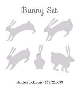 Set of flat cute easter bunnies, The character funny rabbit running, jumping and sitting isolated on white background. Vector cartoon illustration.
