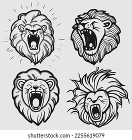 Set Flat cute lion open mouth roar. Trendy Scandinavian style. Cartoon animal character vector illustration isolated on background. Print for kids apparel, nursery decoration, poster, funny avatars.
