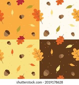 Set of Flat Cute Minimal Acorn and Oak Leaf Vector Pattern Design White Yellow Orange Brown Background Editable Stroke. Cartoon Illustration Cloth, Mat, Fabric pattern, Textile, Scarf, Wrapping Paper.