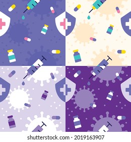 Set of Flat Cute Minimal Covid-19 Vaccine Medicine Vector Pattern Design Violet Lilac Purple Background Editable Stroke. Cartoon Illustration Cloth, Mat, Fabric pattern, Textile, Scarf, Wrapping Paper