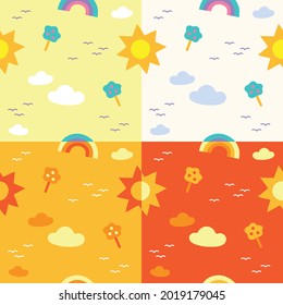 Set of Flat Cute Minimal Day Sky Sun Rainbow Tree Cloud Bird Vector Pattern Design White Yellow Orange Background Editable Stroke. Cartoon Illustration Cloth, Fabric, Textile, Scarf, Wrapping Paper.