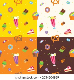 Conjunto de diseño de patrón vectorial de postre minimal plano blanco amarillo naranja marrón estilo roce editable fondo. Ilustración de dibujos animados: tela, alfombra, tela, mechón, papel de envolvimiento.
