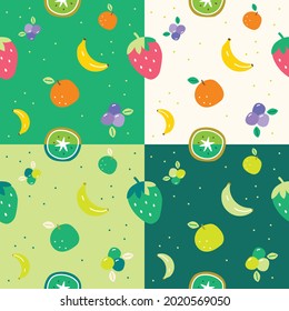 Set of Flat Cute Mix Fruit Strawberry Blueberry Kiwi Banana Orange Vector Pattern Design Dark Green Background Editable Stroke. Cartoon Illustration Cloth, Mat, Fabric, Textile, Scarf, Wrapping Paper.