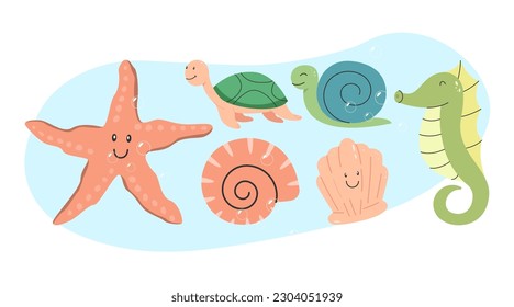 Set of flat cute sea animals collection