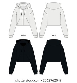 Set of flat cutout patterns of basic cropped hoodie in black, zipper front, front and back view, vector. Sketch of a fashionable jacket with zipper and hood and pockets. 