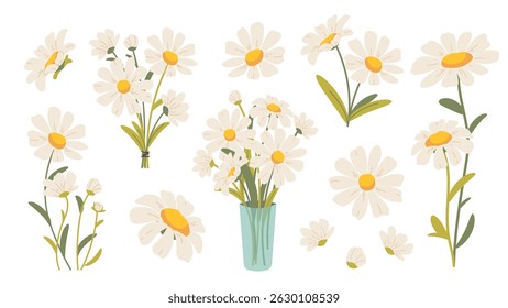 Set of flat daisies. Cute hand drawn chamomiles, spring and summer flowers. Vector botanical elements