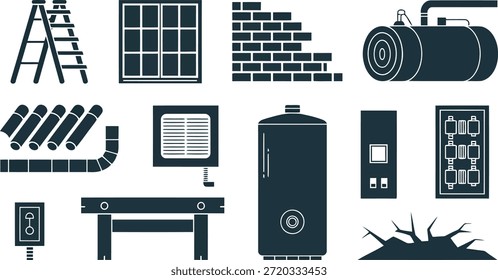 Conjunto de iconos planos oscuros que representan varias herramientas, equipos y estructuras que se encuentran comúnmente en la construcción y las Configuraciones industriales.