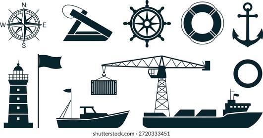 Set of flat dark silhouettes representing various objects, vessels, and tools associated with sea travel and shipping.