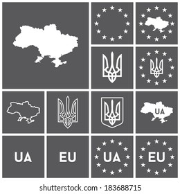 Set of flat dark simple icons (Ukraine, EU, European Union), vector