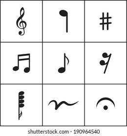 Set of flat dark simple icons (musical notes, printed music), vector