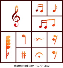 Set of flat dark simple icons (musical notes, printed music), vector
