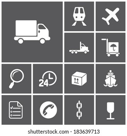 Set of flat dark simple web icons (logistics, freight, trucking industry, delivery), vector illustration