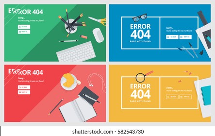 Conjunto de plantillas de página de error de diseño plano 404. No se han encontrado ilustraciones de concepto de vectores de la página para el diseño y desarrollo de sitios web.