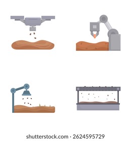 Set of flat design agriculture technology icons for modern farming, including automation, drones, robotic arms, irrigation systems, smart soil monitoring, precision robotics, and efficient equipment