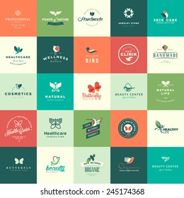 Set of flat design animals and nature icons for natural products, cosmetics, healthcare, beauty, medicine, spa and wellness