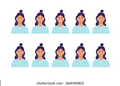 Set of flat design avatars icons with emotions and feelings. Portraits of young women, girls for social networks and applications. Cartoon characters isolated. Flat vector illustration.