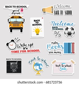 Set of flat design back to school stickers. Isolated vector illustrations for online communication, networking, social media, web design, mobile message, chat, marketing material.