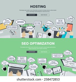 Set of flat design banners for hosting and SEO.