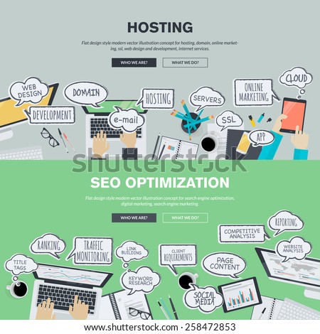 Set of flat design banners for hosting and SEO.