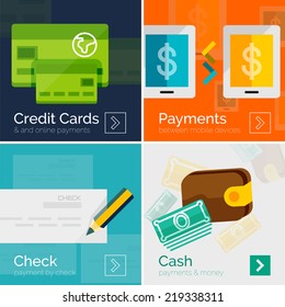 Set of flat design banners - payment online. Cash, check, mobile online and credit card