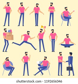 Set  flat design bearded man character animation poses - speaking, shopping, talking phone, arm crossed, finger up, hand shake, winner,  sitting, meditation, relaxation etc.