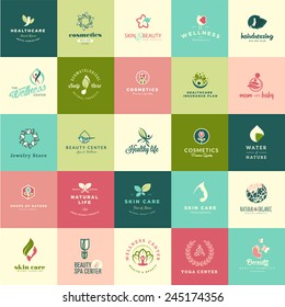 Set of flat design beauty and nature icons for natural products, cosmetics, healthcare, beauty center, spa and wellness