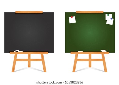 Set of flat design blackboard background and wooden frame. Empty clean with scratches green chalkboard. Modern easel isolated on white background. Vector illustration